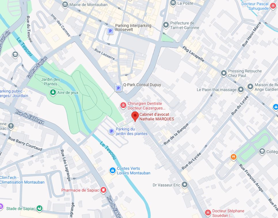 Localisation du Cabinet d'avocat Nathalie MARQUES Montauban Plan Google Maps de Montauban localisant le cabinet d'avocat Nathalie MARQUES près du Jardin des Plantes.